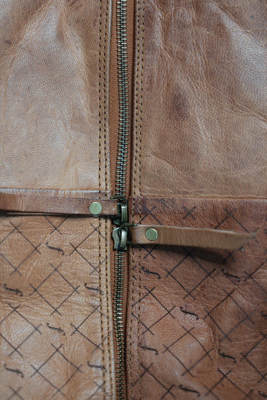 Brass zip and leather pull tabs on the Orion duffel with the engraved f monogram weave
