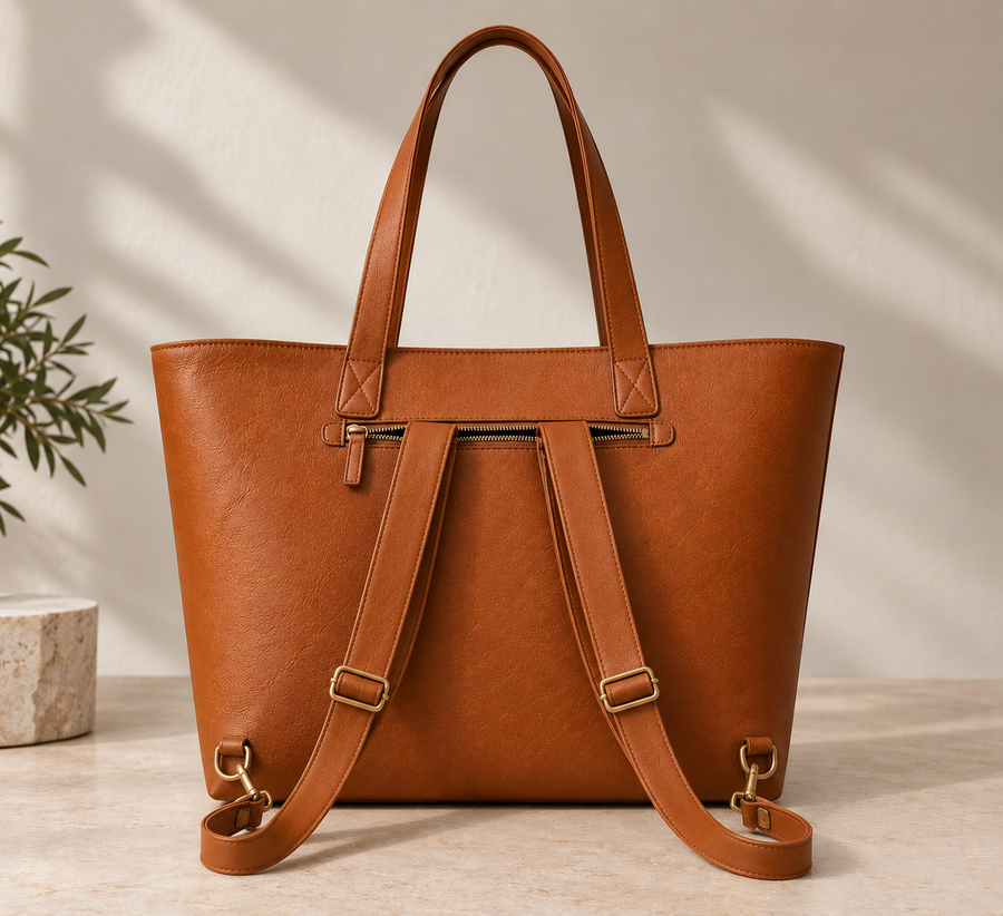 A structured tan leather tote bag with dual top handles, a front zip pocket, and an adjustable shoulder strap, displayed on a light stone surface against a softly lit neutral background.