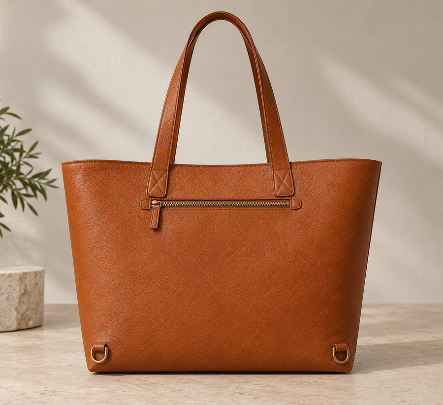 A structured tan leather tote bag with double top handles, a front zippered pocket, and brass-tone hardware, photographed on a light stone surface against a softly lit neutral wall with a small plant at the side.