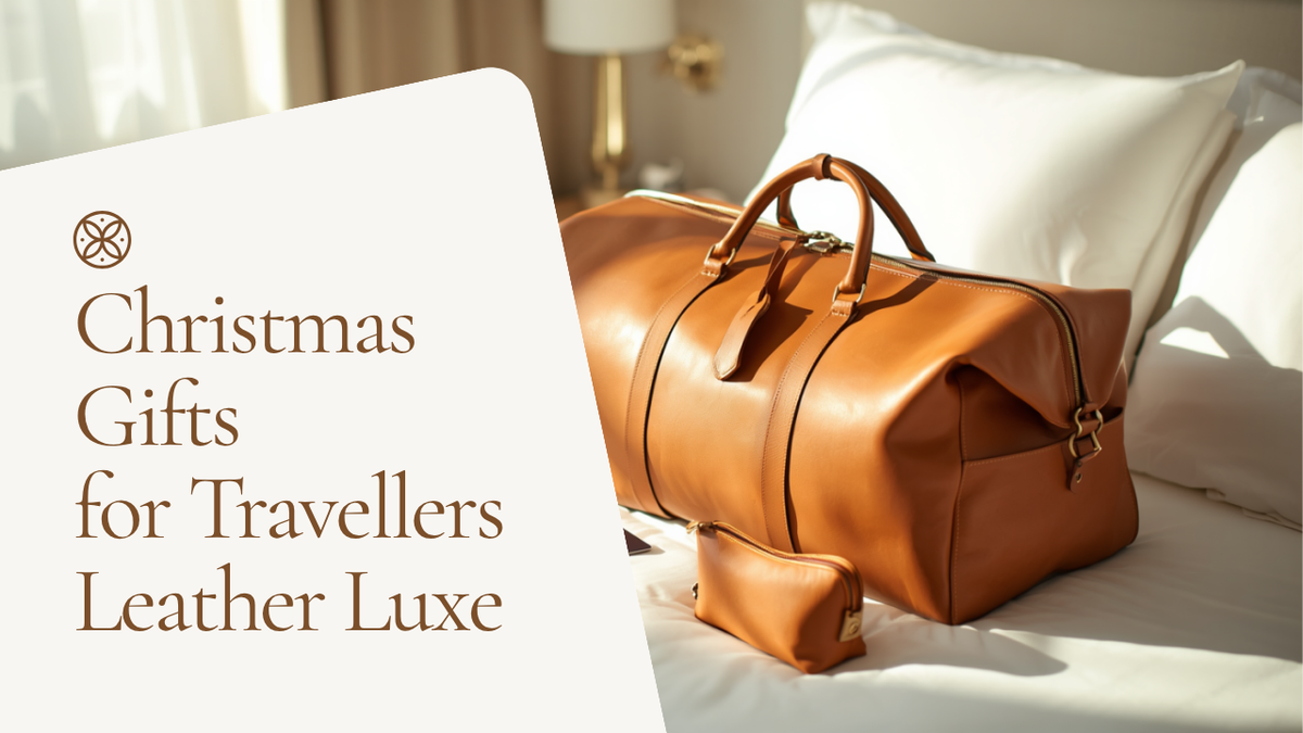 Christmas gifts for travellers — a Frounder tan full-grain leather weekender duffel on a sunlit hotel bed with a passport, boarding pass and leather toiletry pouch