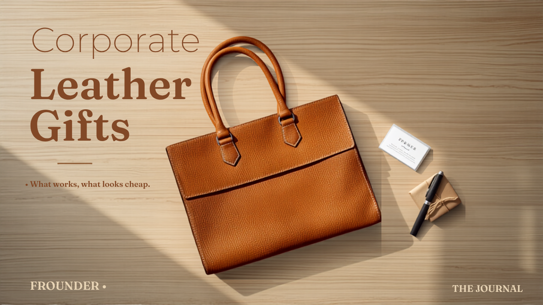 Corporate leather gifts — a Frounder caramel full-grain leather tote and portfolio on a bright office desk with a notebook, pen and a kraft-wrapped client gift box