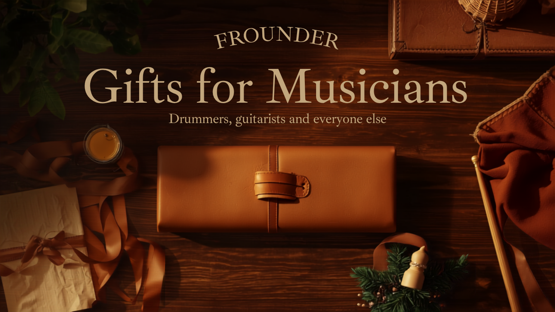 Gifts for musicians — a Frounder tan leather drumstick bag and padded cymbal bag on a gift-wrapping desk with kraft ribbon and drumsticks