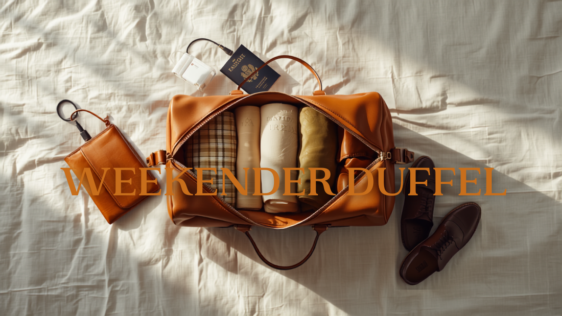 How to pack a weekender duffel — overhead flat-lay of an open Frounder tan leather weekender duffel with rolled clothes, shoes and a toiletry pouch