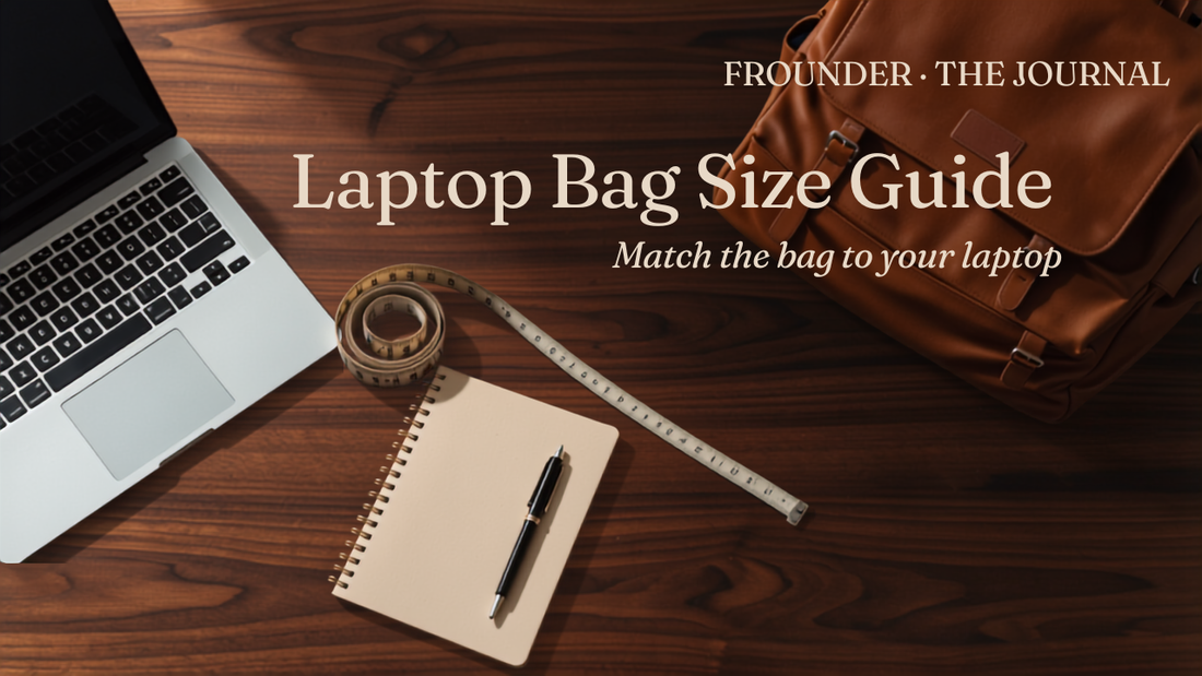 Laptop bag size guide — a laptop and a Frounder leather backpack measured on a desk