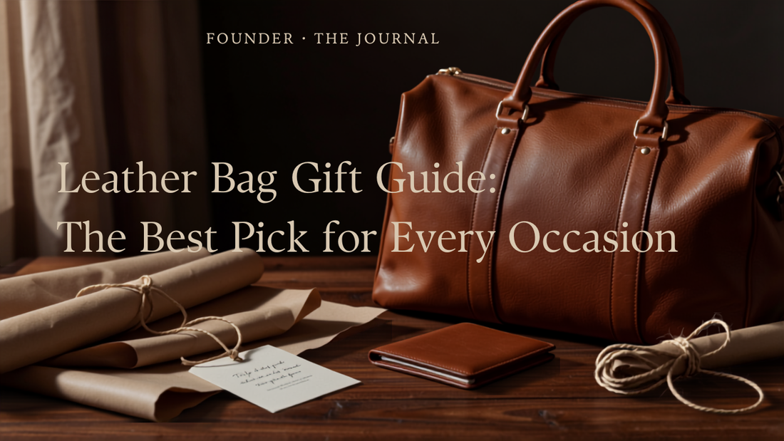 Leather bag gift guide — Frounder leather duffel and wallet at a gift-wrapping desk