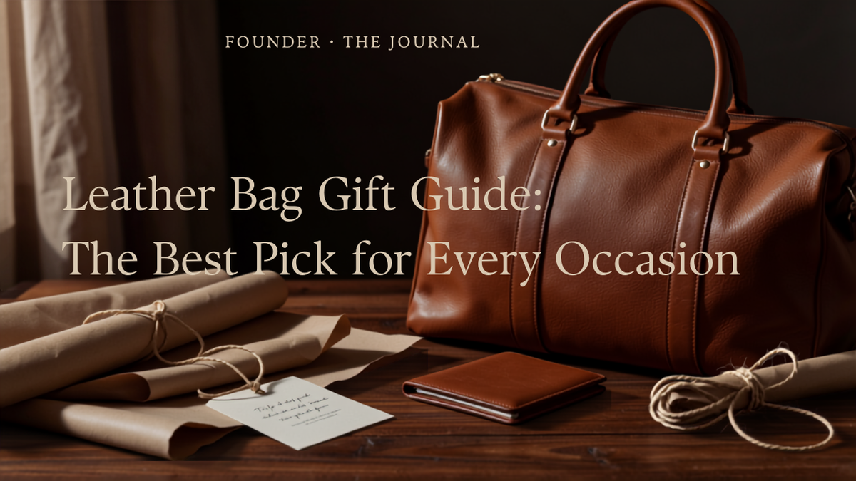 Leather bag gift guide — Frounder leather duffel and wallet at a gift-wrapping desk