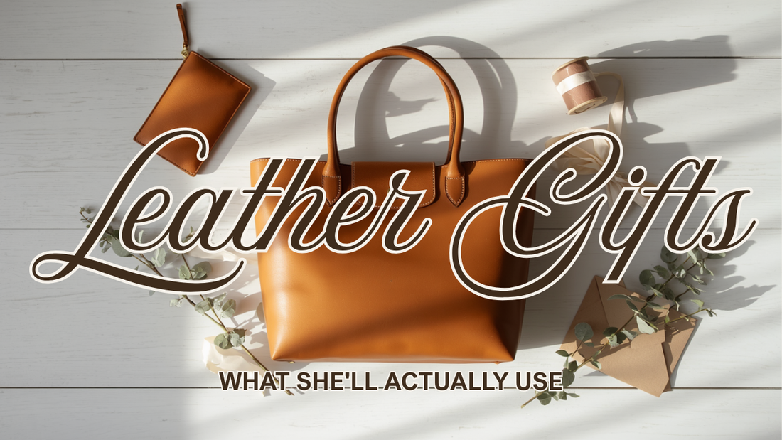 Leather gifts for her — a Frounder caramel full-grain leather tote and crossbody pouch in a bright overhead gift-styling flat-lay with silk ribbon and a kraft gift tag