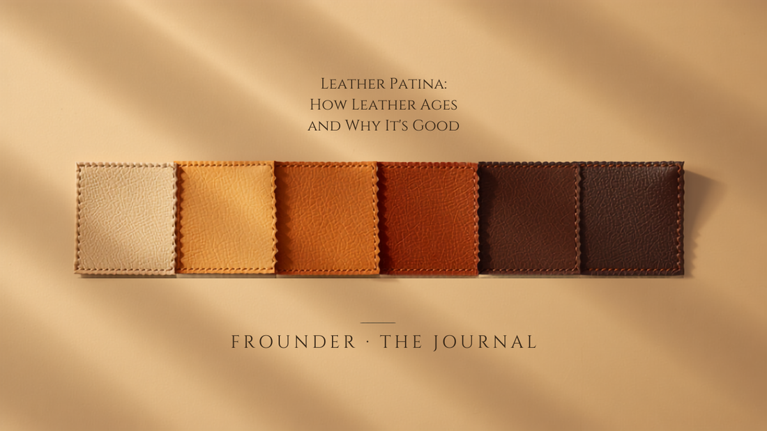 Leather patina progression — Frounder full-grain leather swatches darkening from honey tan to burnished espresso with age