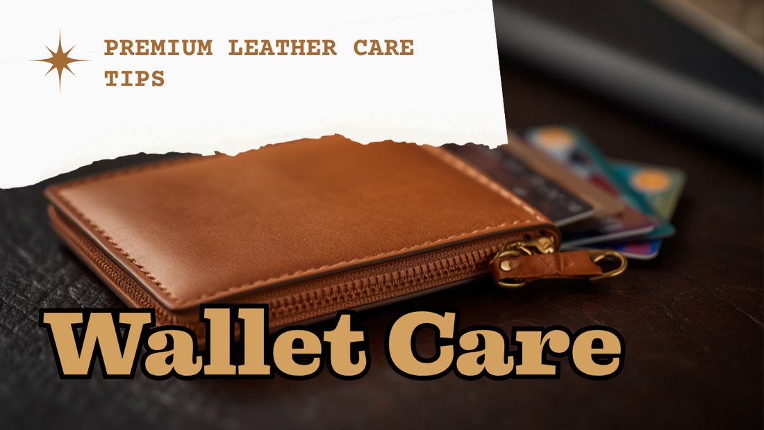 Leather wallet care — macro close-up of a Frounder tan full-grain leather zip wallet with a solid brass zip pull and fanned cards