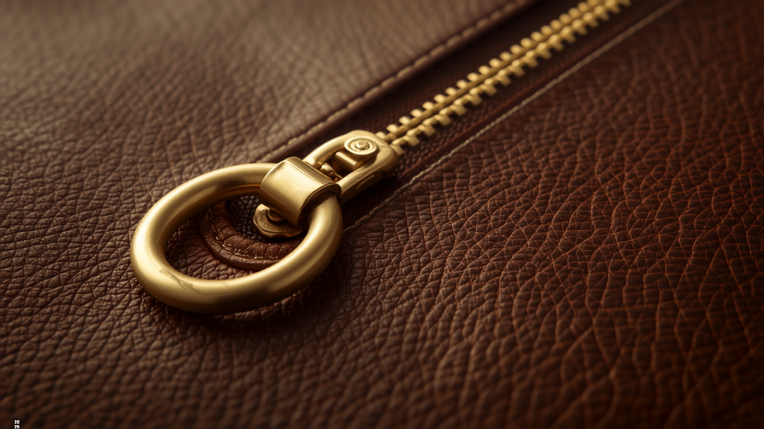 Solid brass vs plated hardware — macro close-up of a solid brass zipper pull and D-ring on Frounder full-grain leather