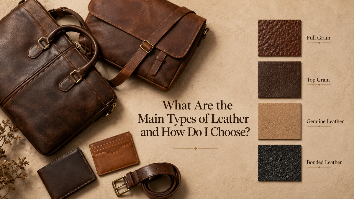Types of leather compared — full-grain, top-grain, genuine and bonded leather swatches beside a Frounder leather bag