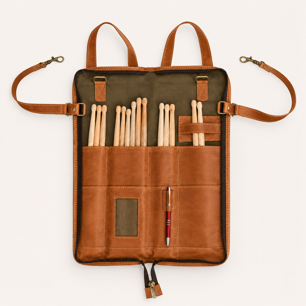 Frounder Jou leather drumstick bag with brass hardware