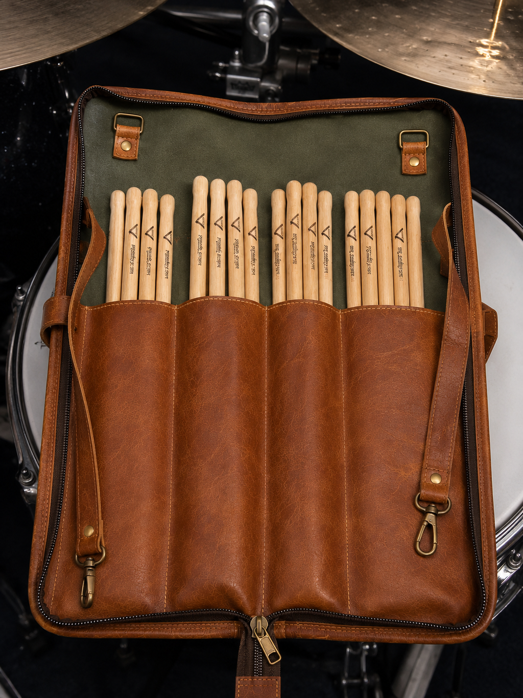 Frounder Clarks leather stick bag holding drumsticks and mallets