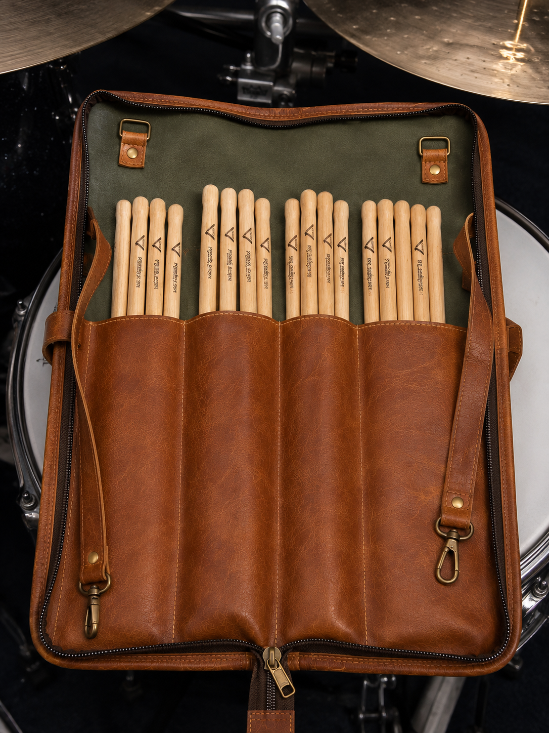 Frounder Clarks leather stick bag holding drumsticks and mallets