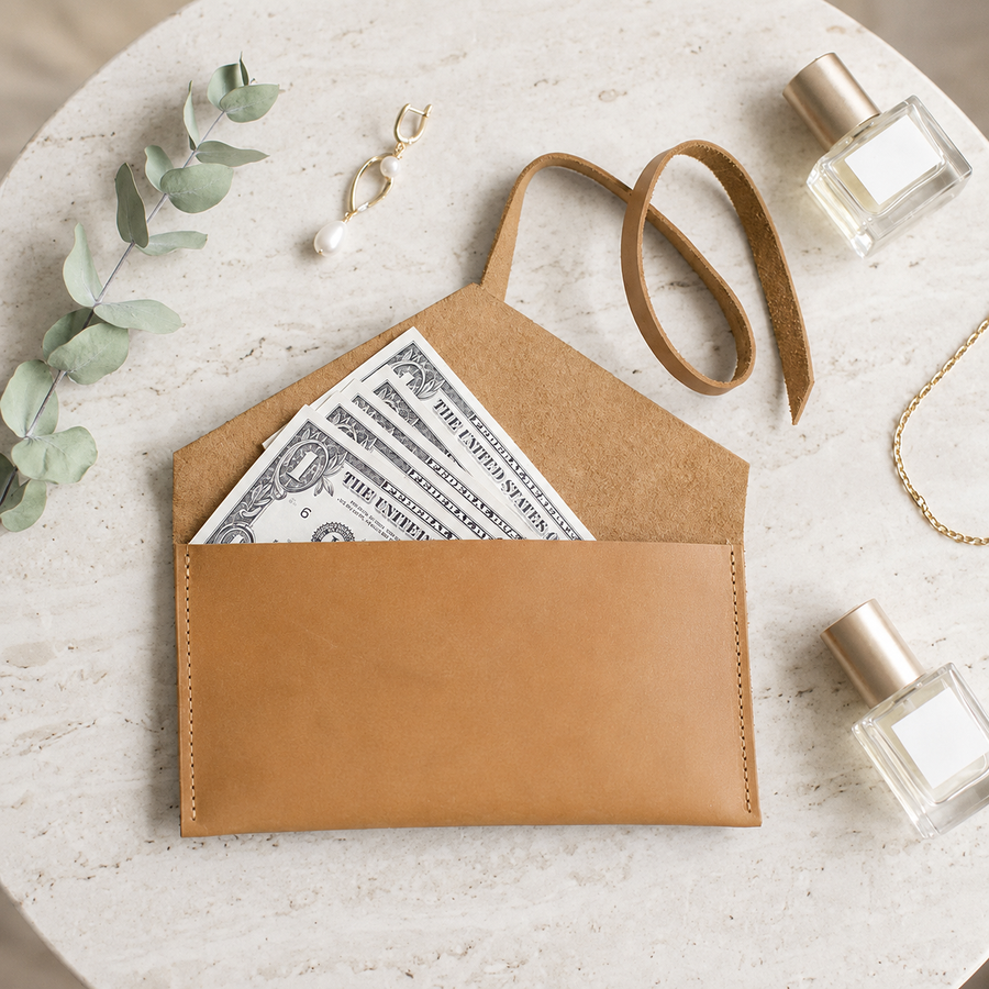 Paradise leather toiletry pouch shown closed