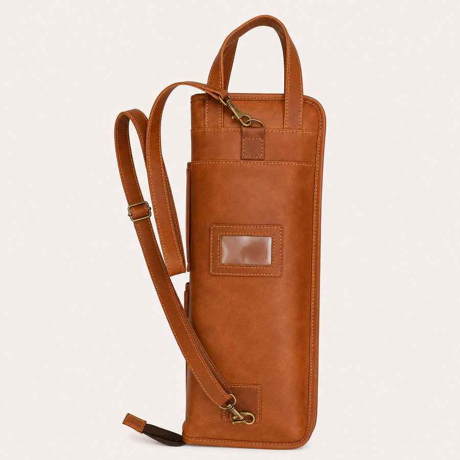 Frounder Jou leather stick bag hanging from a floor tom