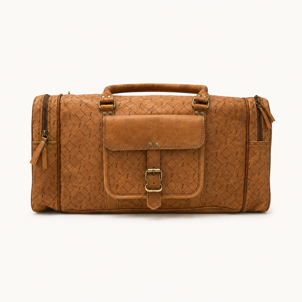 Brown Leather Duffle bag front 