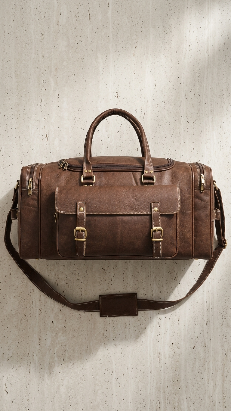 A brown leather duffel bag with dual top handles, buckle details on the front flap, and a detachable shoulder strap, displayed against a textured light gray wall.