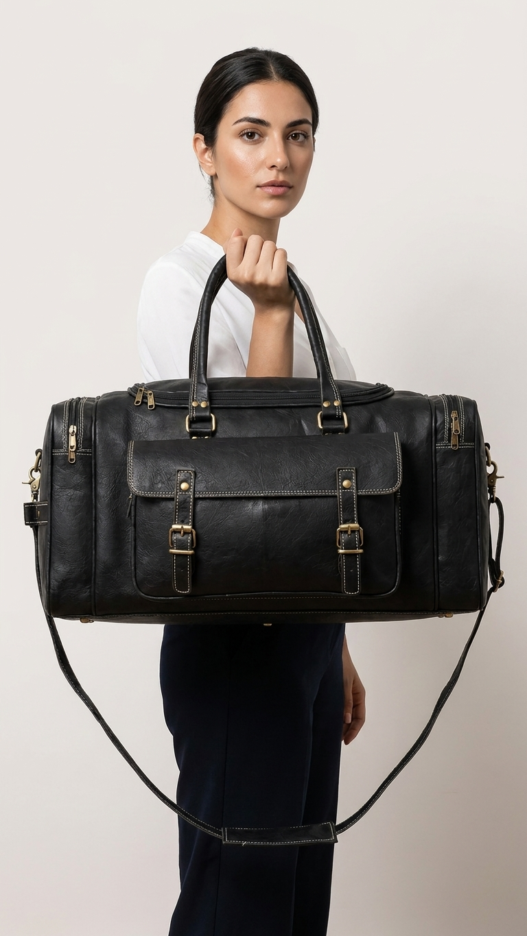 A woman holds a large black leather duffel bag with gold-tone hardware against a plain light beige studio background.