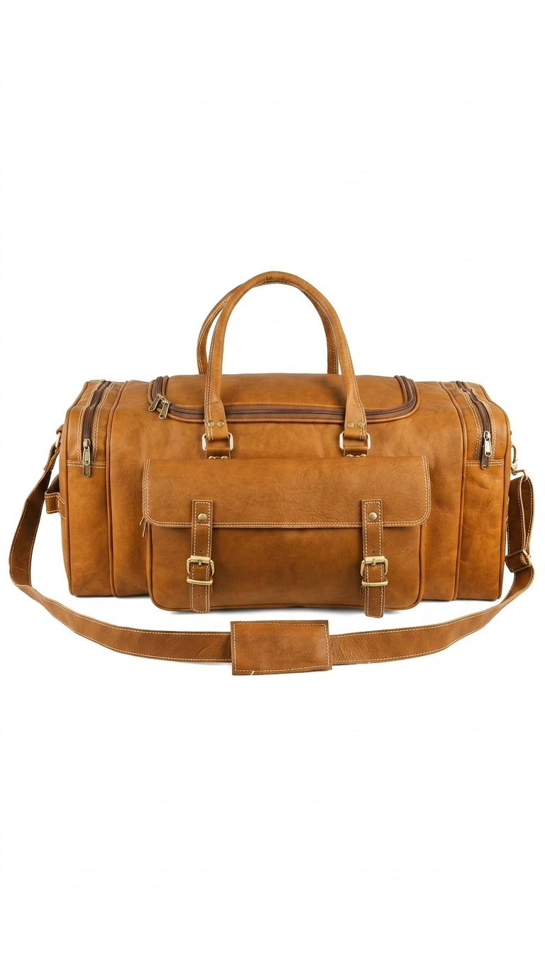 A brown leather duffel bag with dual top handles, a detachable shoulder strap, and gold-tone hardware, shown against a plain white background.
