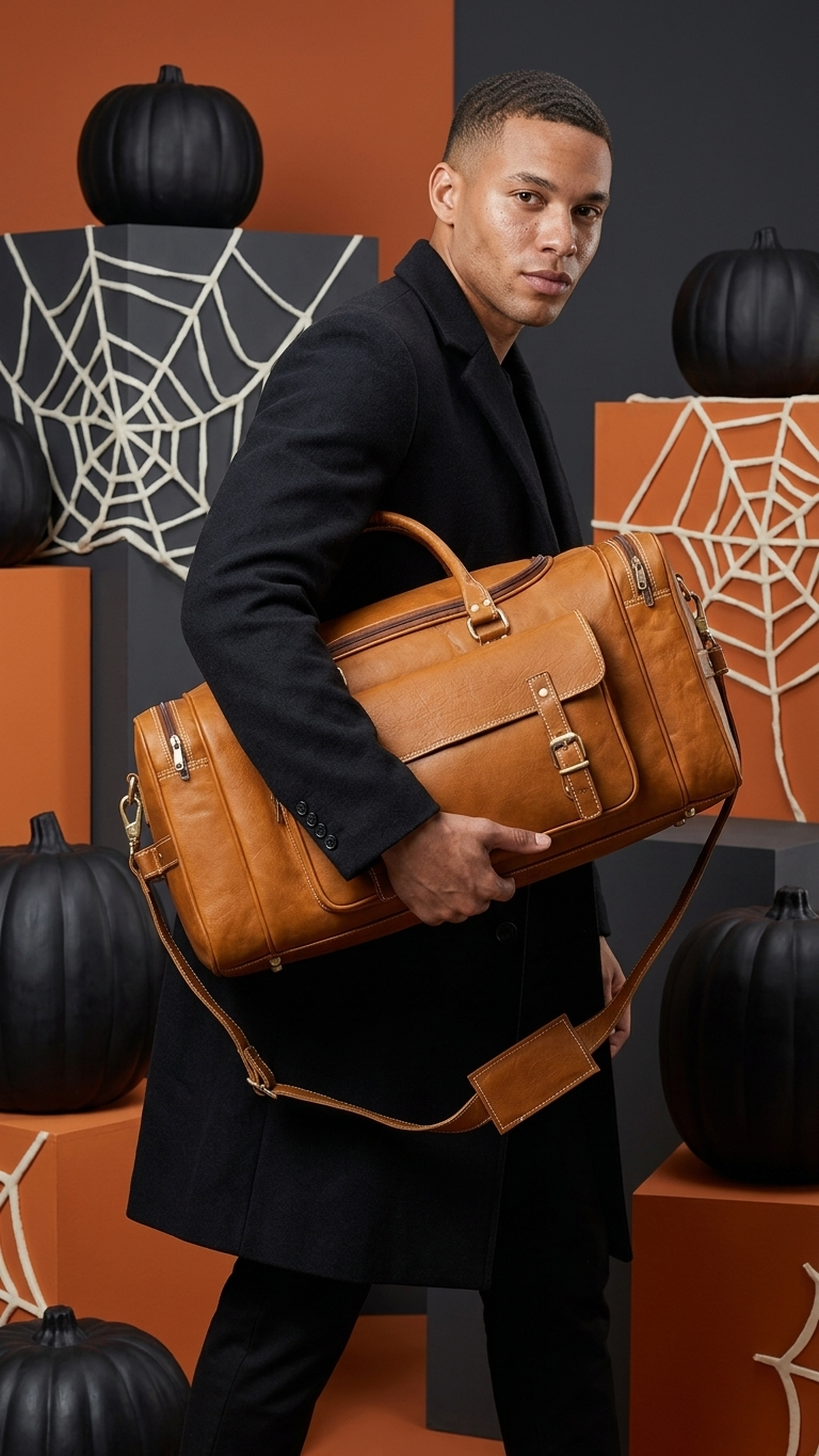 A man in a black coat carries a large tan leather duffel bag with a top handle and shoulder strap, posed in front of a Halloween-themed backdrop with pumpkins and spiderweb decorations.