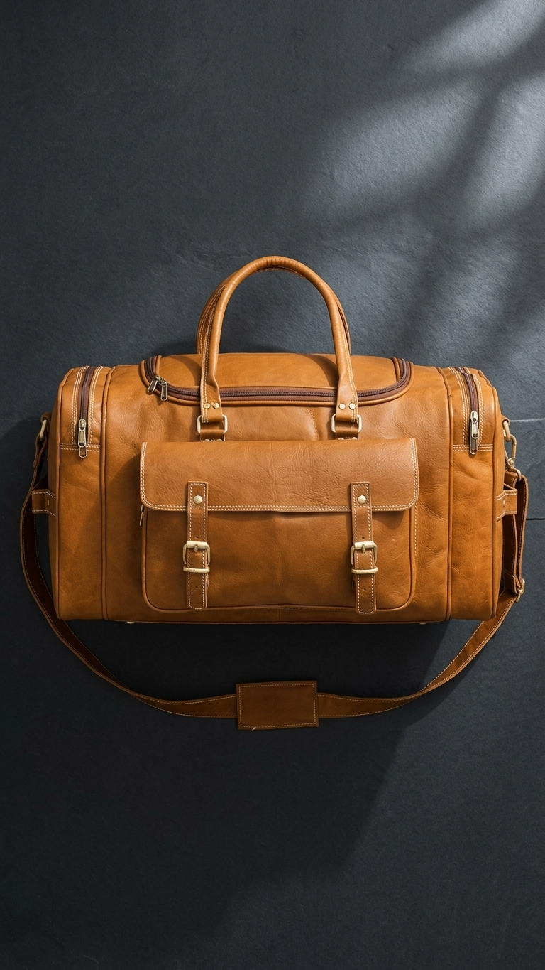 A tan leather duffel bag with dual top handles, a front flap pocket with buckle details, and a detachable shoulder strap, photographed against a dark textured wall with soft shadow overlays.