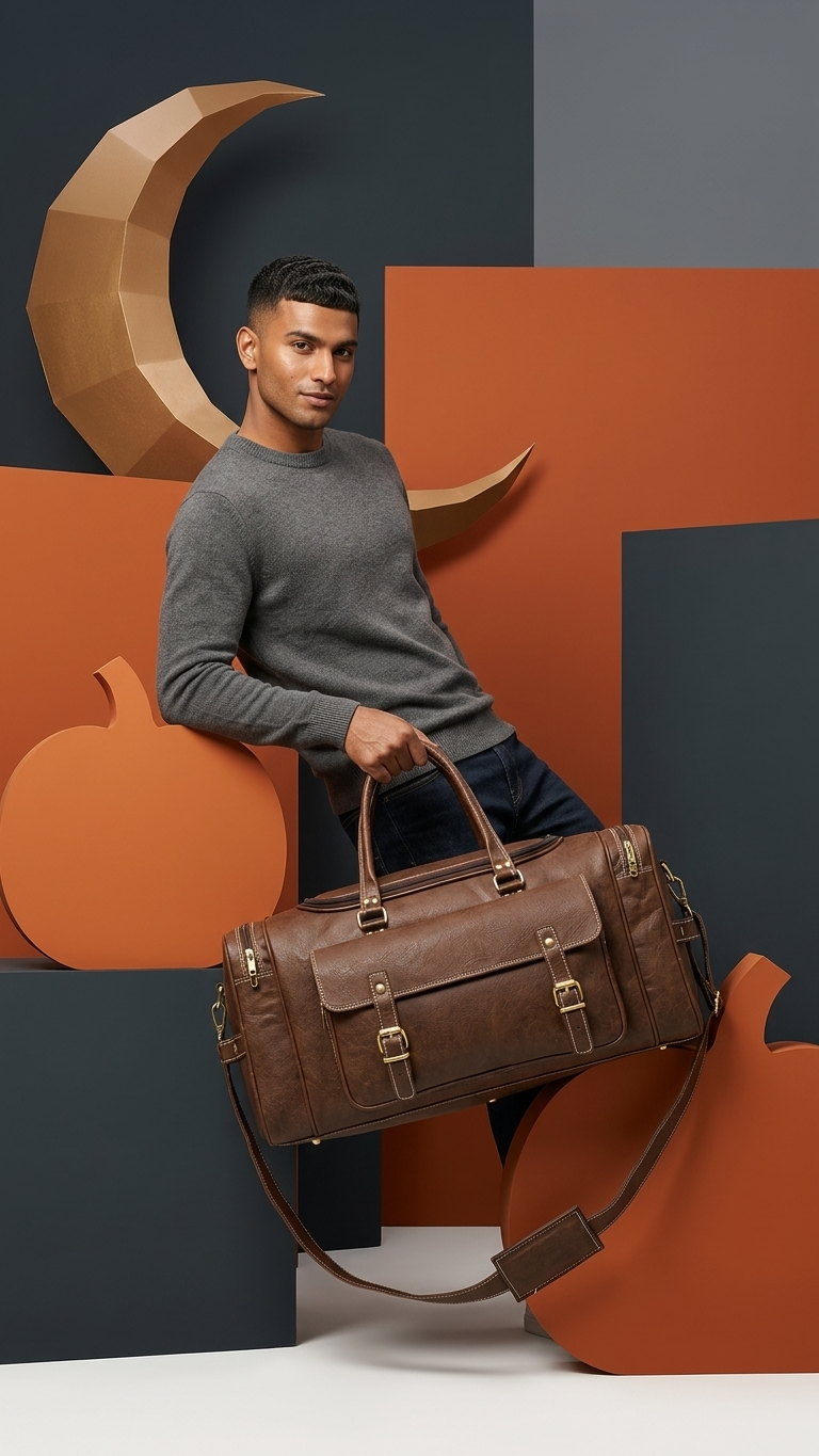 A man in a gray sweater and dark pants sits on an orange geometric prop, holding a large brown leather duffel bag with gold-tone hardware in a studio setting.