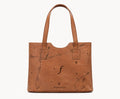 Frounder Aurora tan leather work tote with engraved monogram and brass hardware