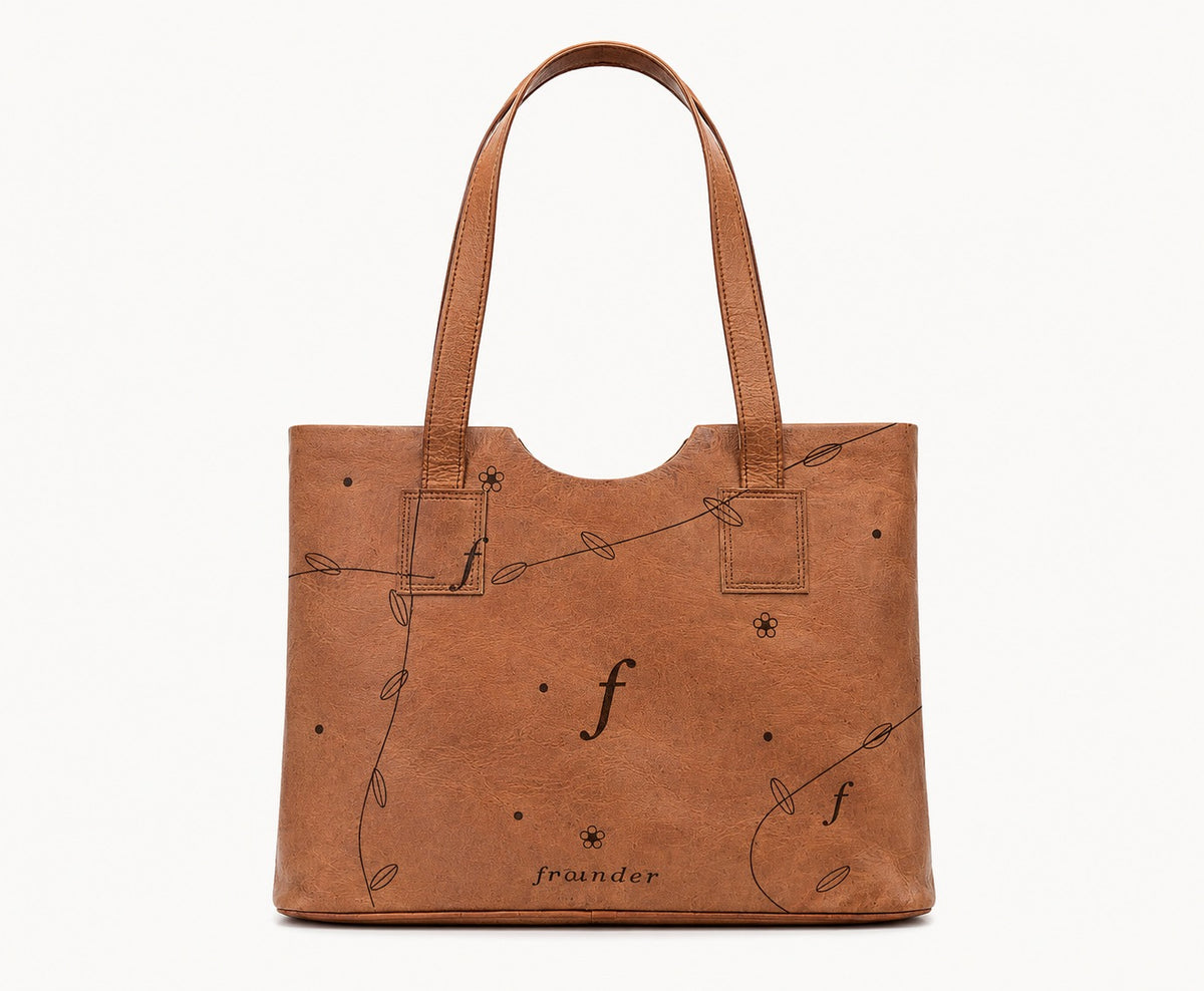 Frounder Aurora tan leather work tote with engraved monogram and brass hardware