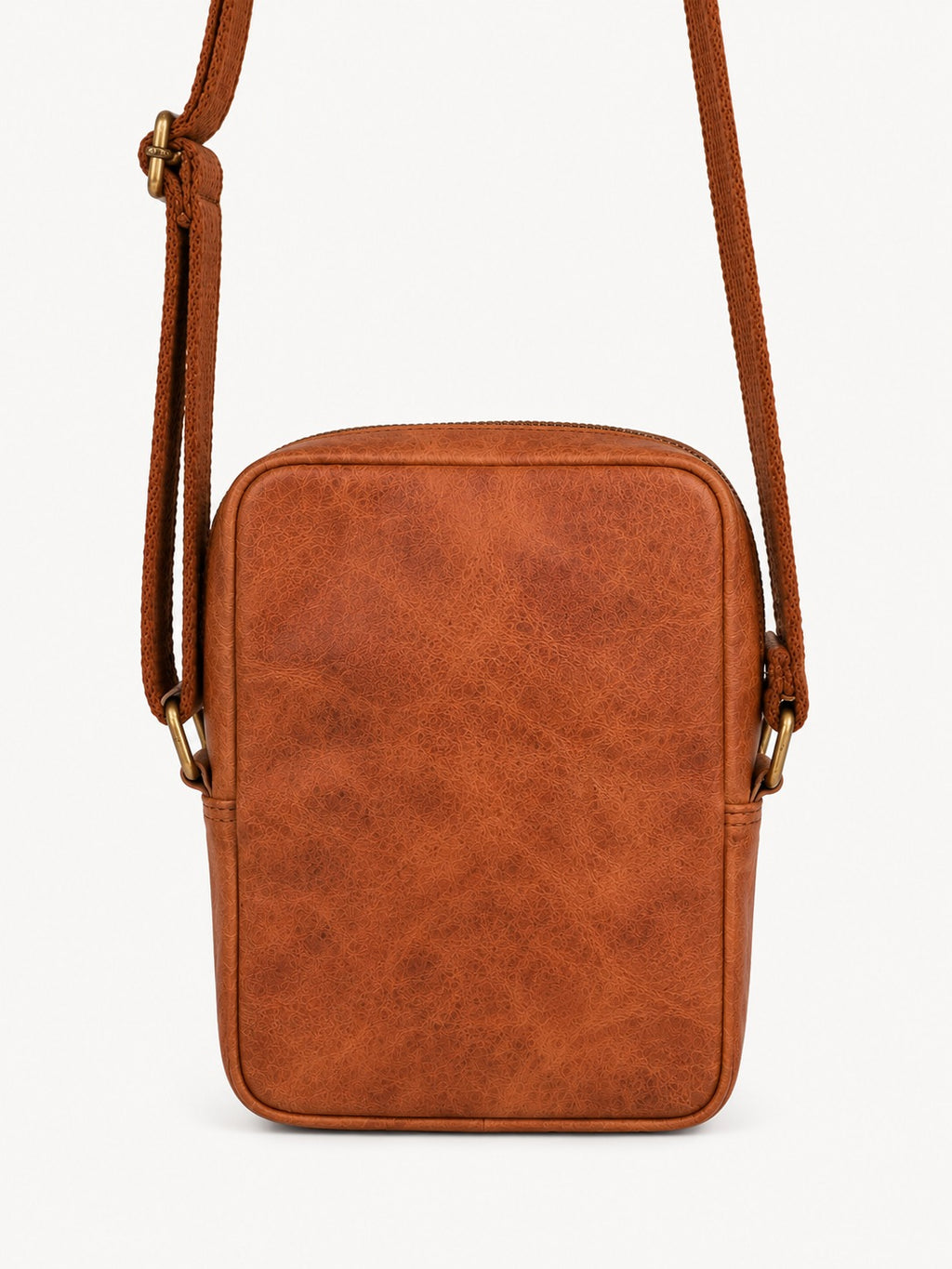 Brown leather crossbody bag on a white background