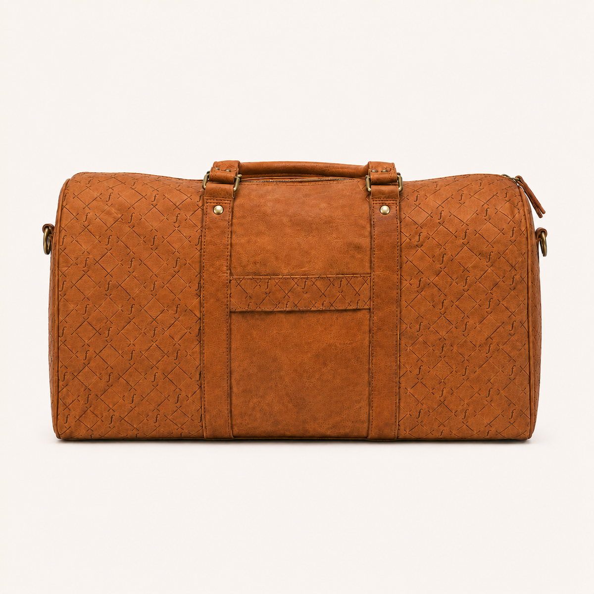 Frounder Orion full-grain leather duffel, three-quarter view with the top zip closed