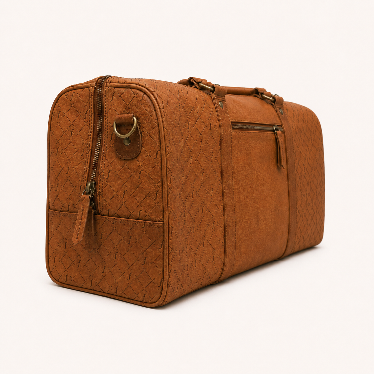 Brown textured duffel bag on a white background