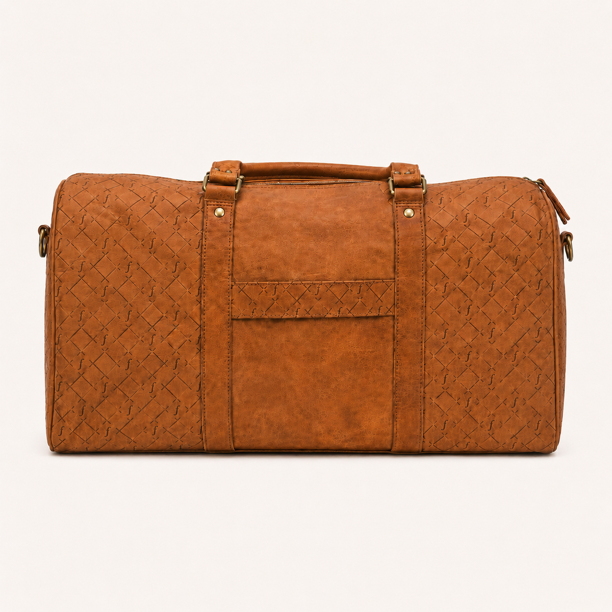 Frounder Orion leather duffel, side profile showing the depth and the shoulder strap anchor