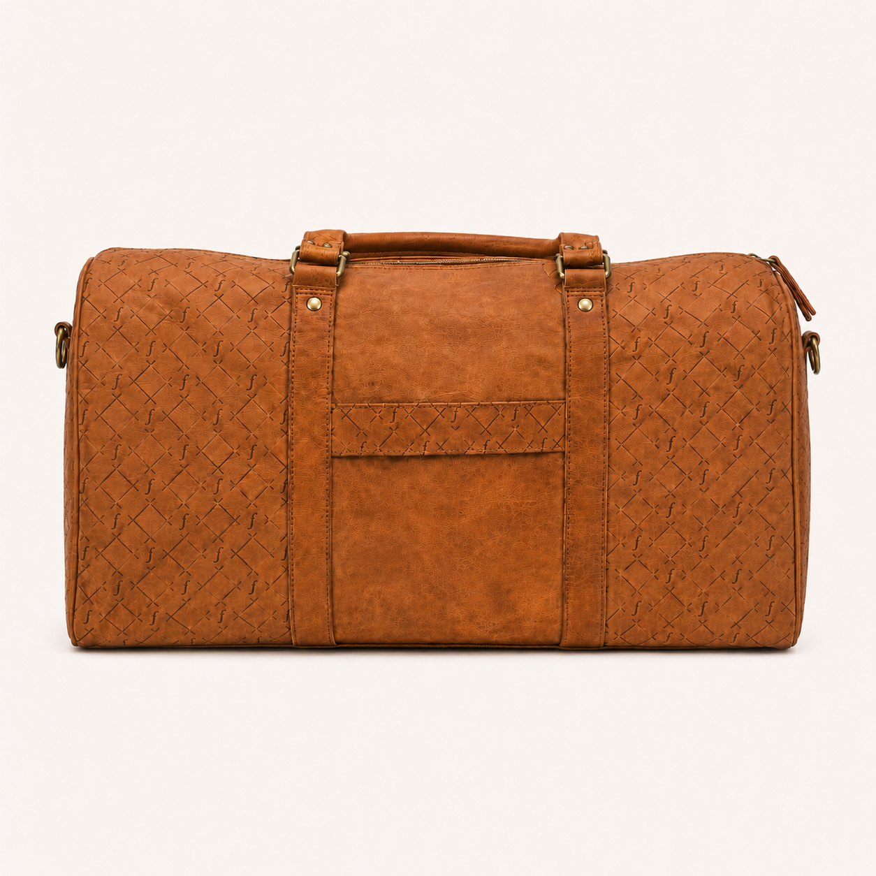 Brown textured duffel bag on a white background