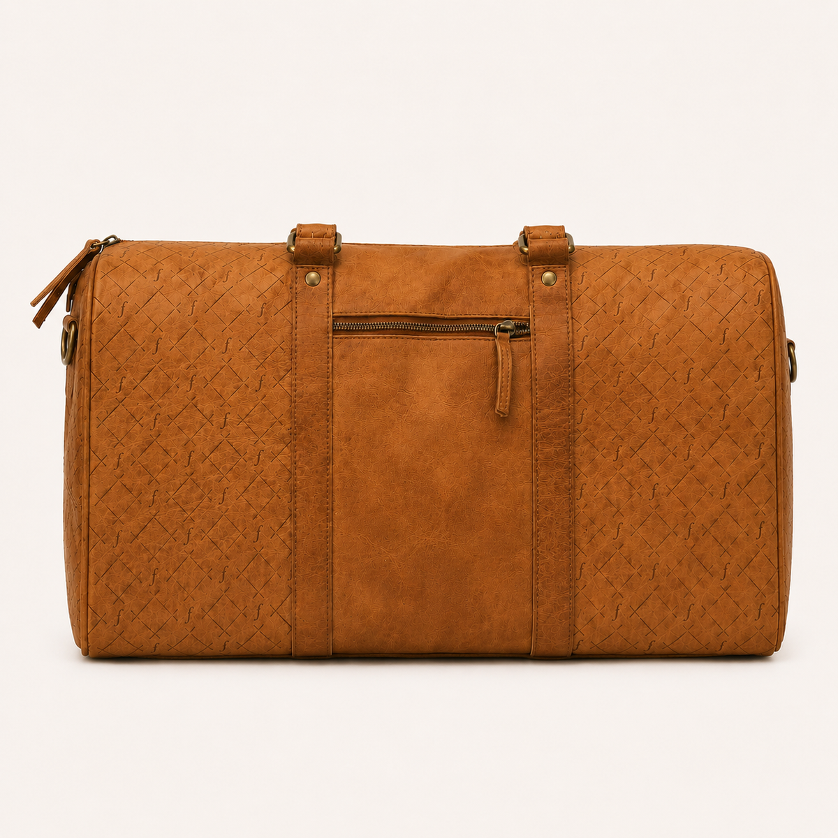 Brown leather duffel bag with embossed pattern on a white background