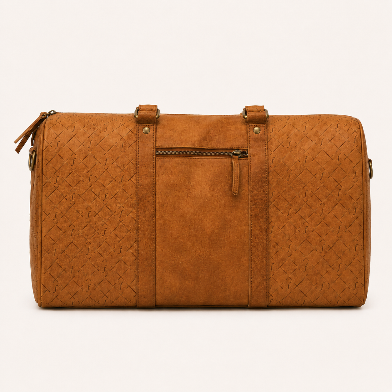 Brown leather duffel bag with embossed pattern on a white background