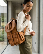 A woman wearing a cream knit sweater and olive green trousers carries a tan leather backpack with multiple front pockets and flap closures while walking in a modern concrete walkway.