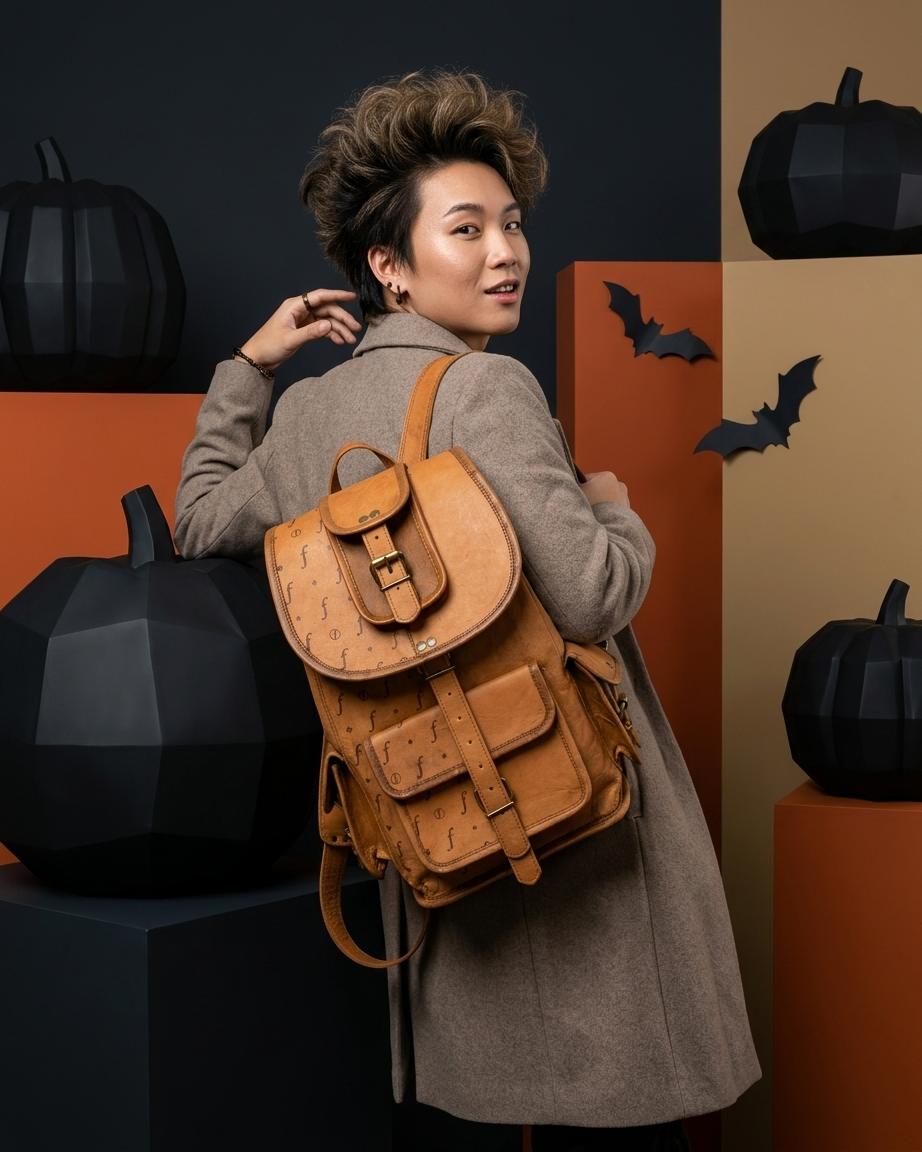 A woman wearing a brown coat and carrying a tan leather backpack with a buckle closure, posed in a Halloween-themed studio setting with black pumpkins and bat decorations.