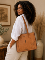 Woman carrying a tan Frounder Nova leather tote bag with botanical monogram