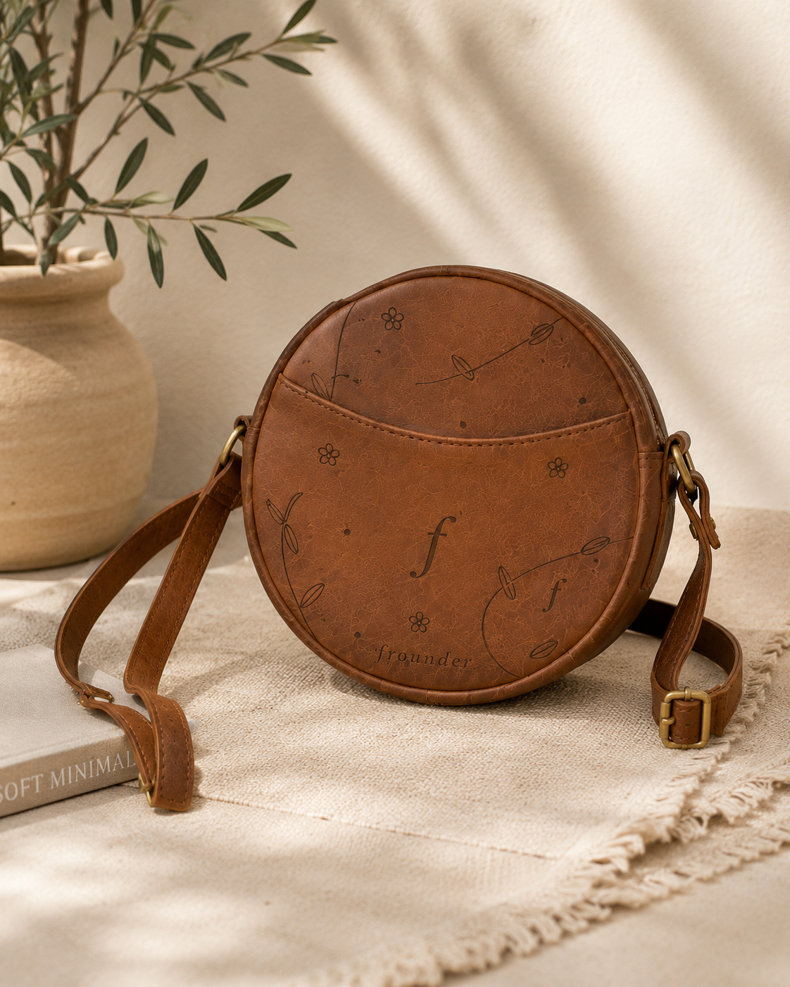 Frounder Orbit round leather crossbody bag styled on cream fabric