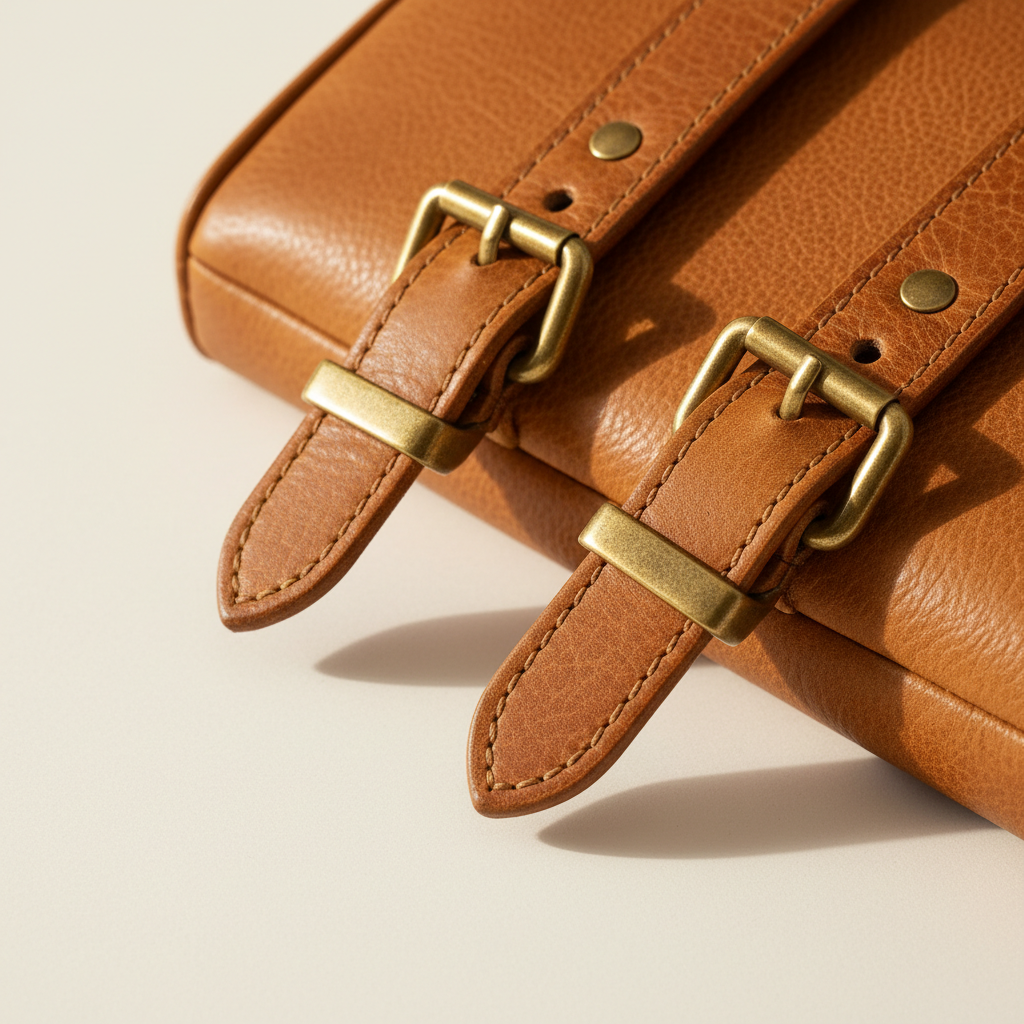 Antique brass hardware on tan leather