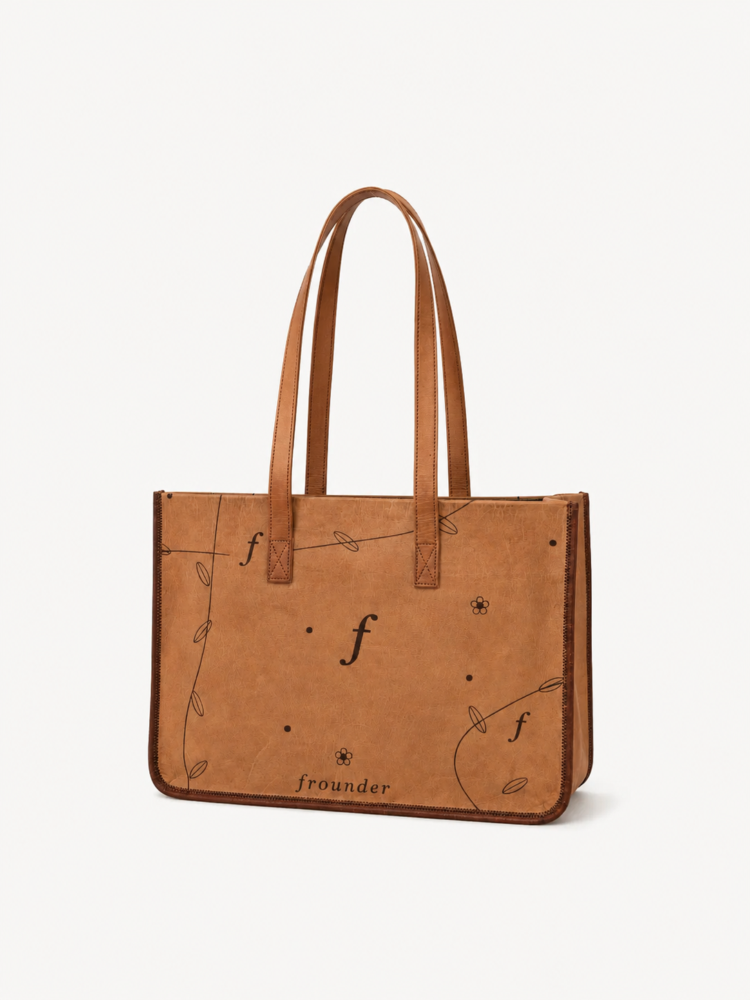 Frounder Nova Tote premium leather front view with botanical monogram