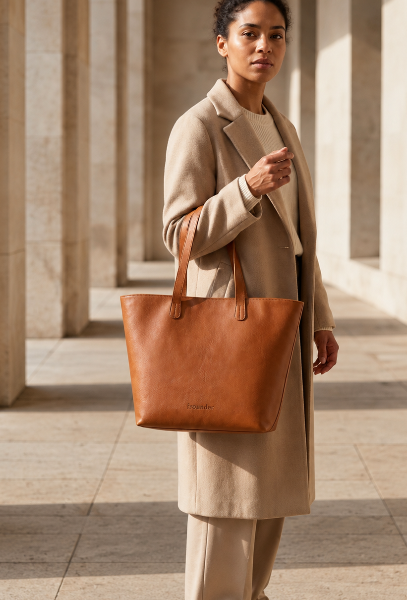 A woman in a beige coat and matching pants carries a large tan leather tote bag in a sunlit colonnade with stone columns.