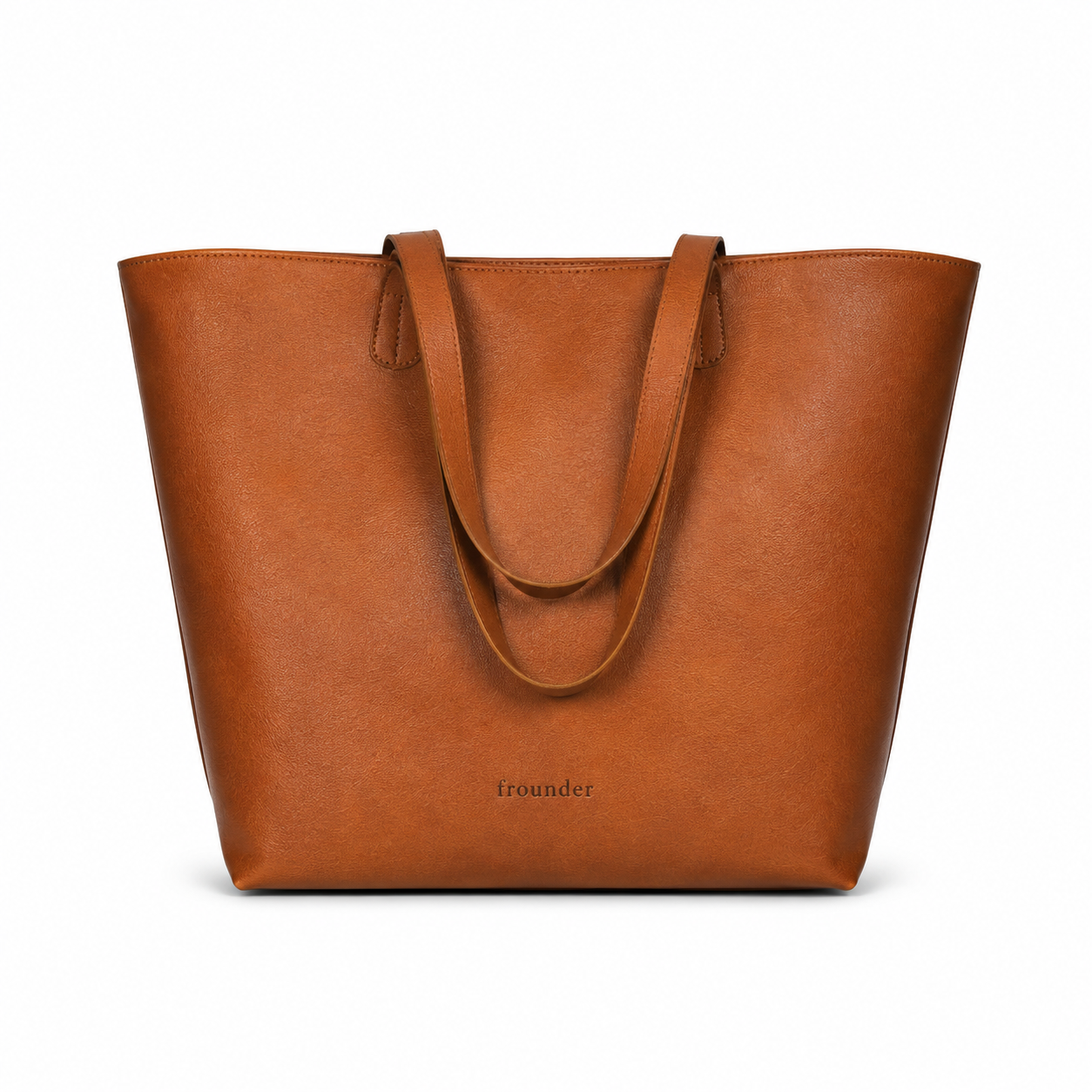 The Altair tote in brown full-grain leather, dual shoulder straps, with the embossed Frounder mark low on the front, on a white background.