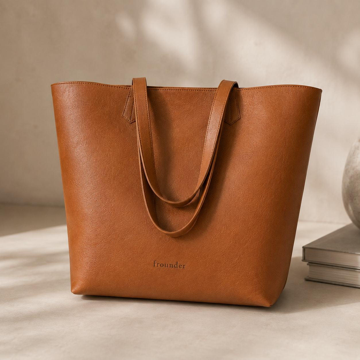 The Altair tote in brown full-grain leather, double shoulder straps and the embossed Frounder mark on the front, against a warm beige background.