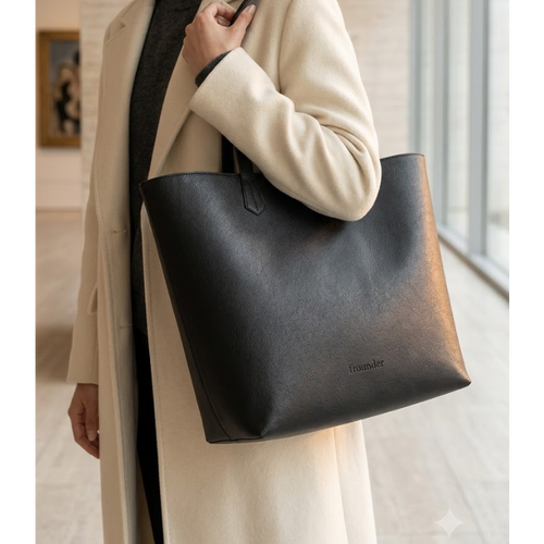 A woman in a cream coat carries a large black leather tote bag over her shoulder in a modern indoor setting with light wood walls and windows.