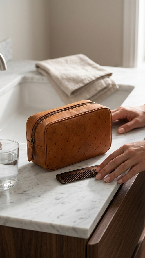 Frounder Dino leather toiletry bag open on a marble bathroom counter beside a comb and folded towel