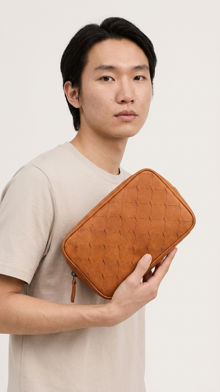 Man holding the Frounder Dino leather toiletry bag, showing its size in the hand
