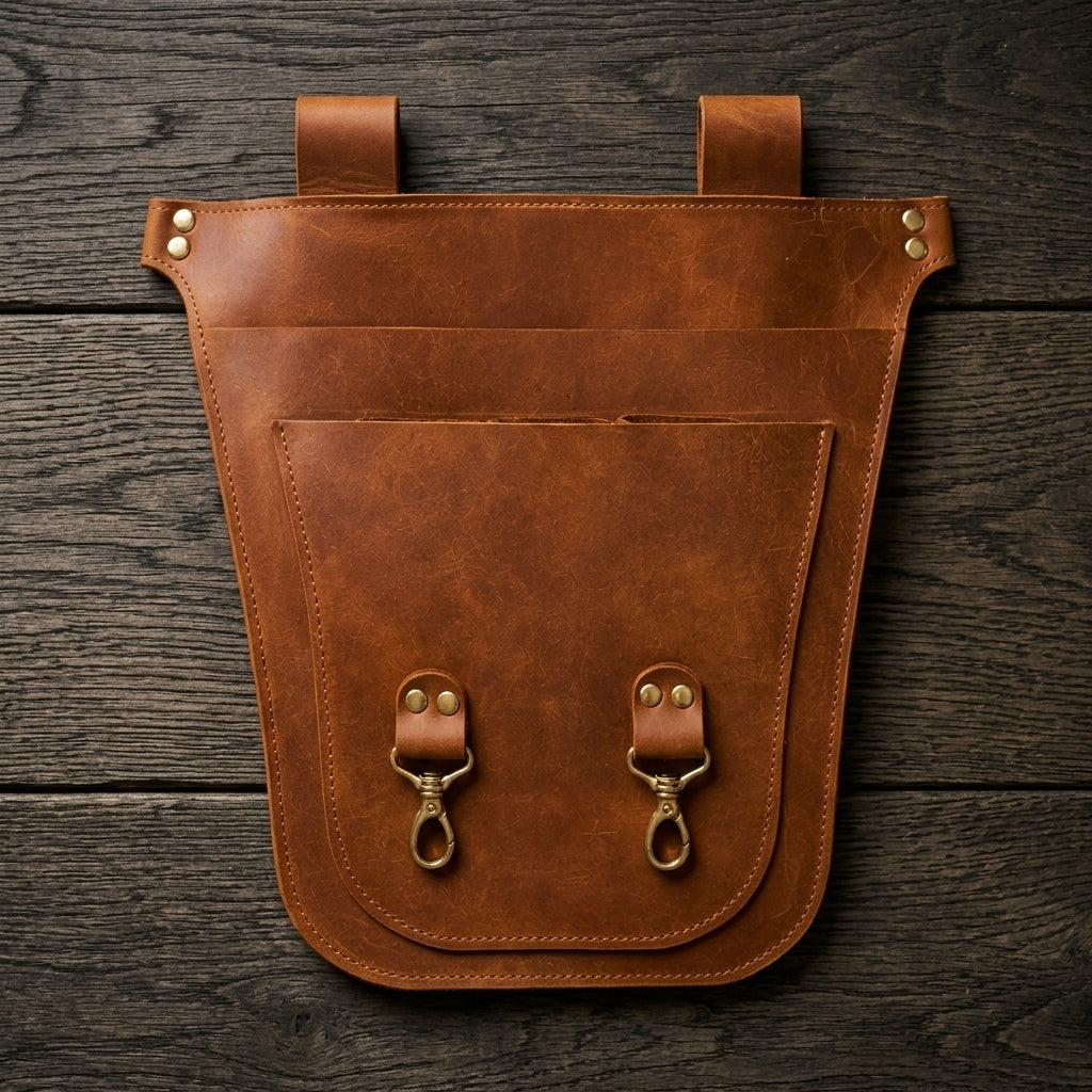 A brown leather utility pouch with two top straps and two front metal snap hooks, laid flat on a dark wood plank background.