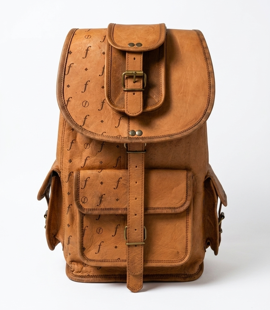 Frounder Helios Backpack premium leather front view with brass buckle